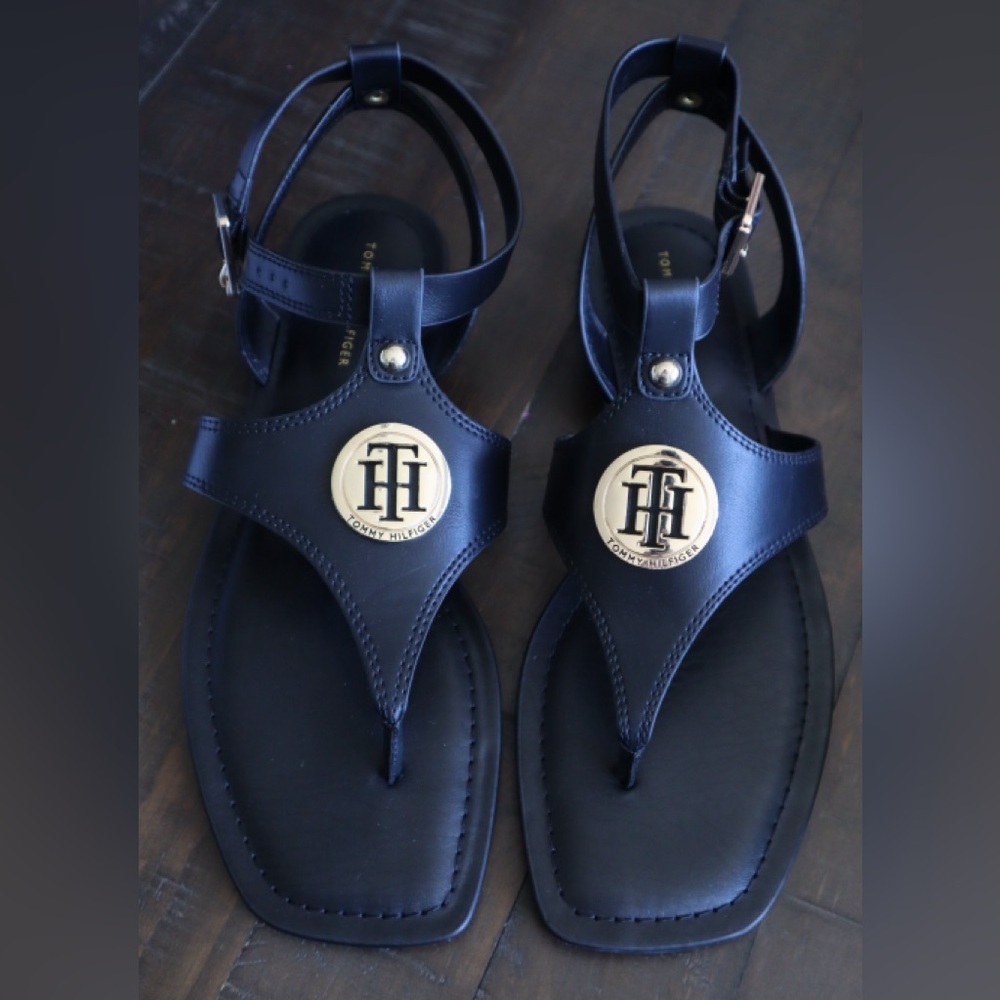 Tommy Hilfiger Black Sandals with Gold Emblem